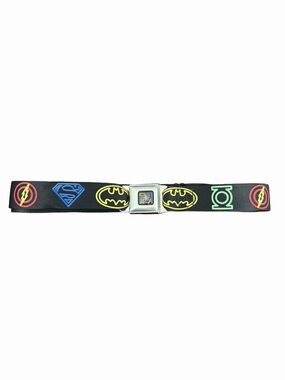 Buckle-Down Black Seatbelt Belt with Multicolor Justice League DC Logos.